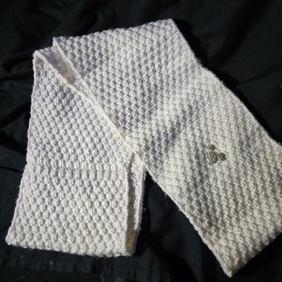 Handmade White Knit Scarf With Glittery Mickey Mouse Patch - Picture 1 of 5
